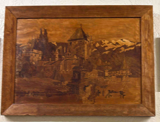 Vintage Wooden Marquetry Panel European Townscape