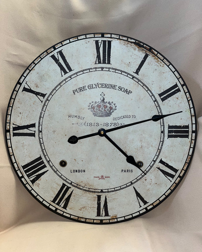 Modern Decorative Pure Glycerin Soap Wall Clock with Black Roman Numerals and Distressed, Vintage Style Face