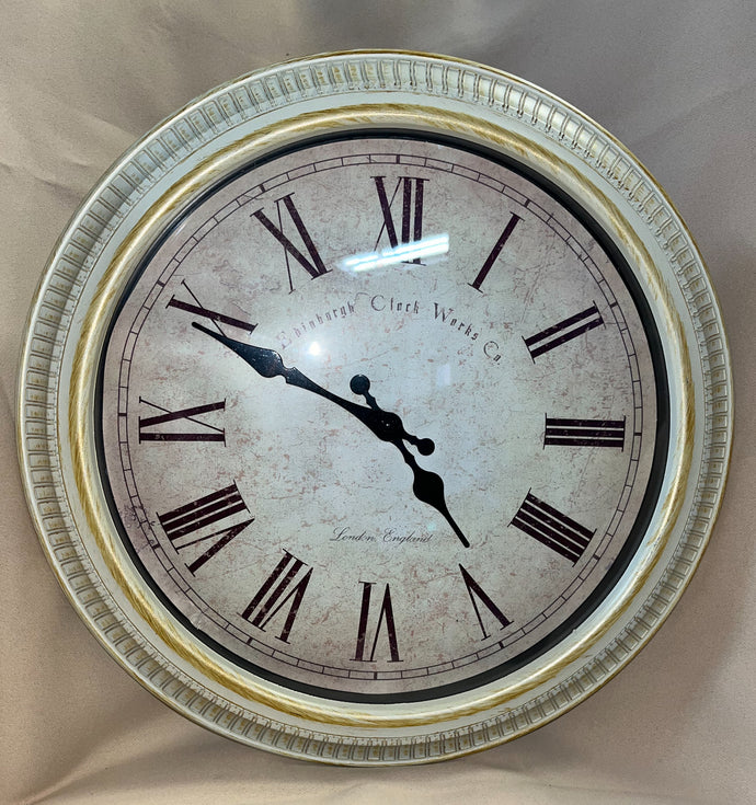 1998-2000s Edinburgh Clockworks CO White and Gold Clock with Roman Numerals