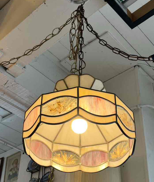 Vintage Slag Glass Hanging Pendant Light Fixture with Decorative wheat Panels.
