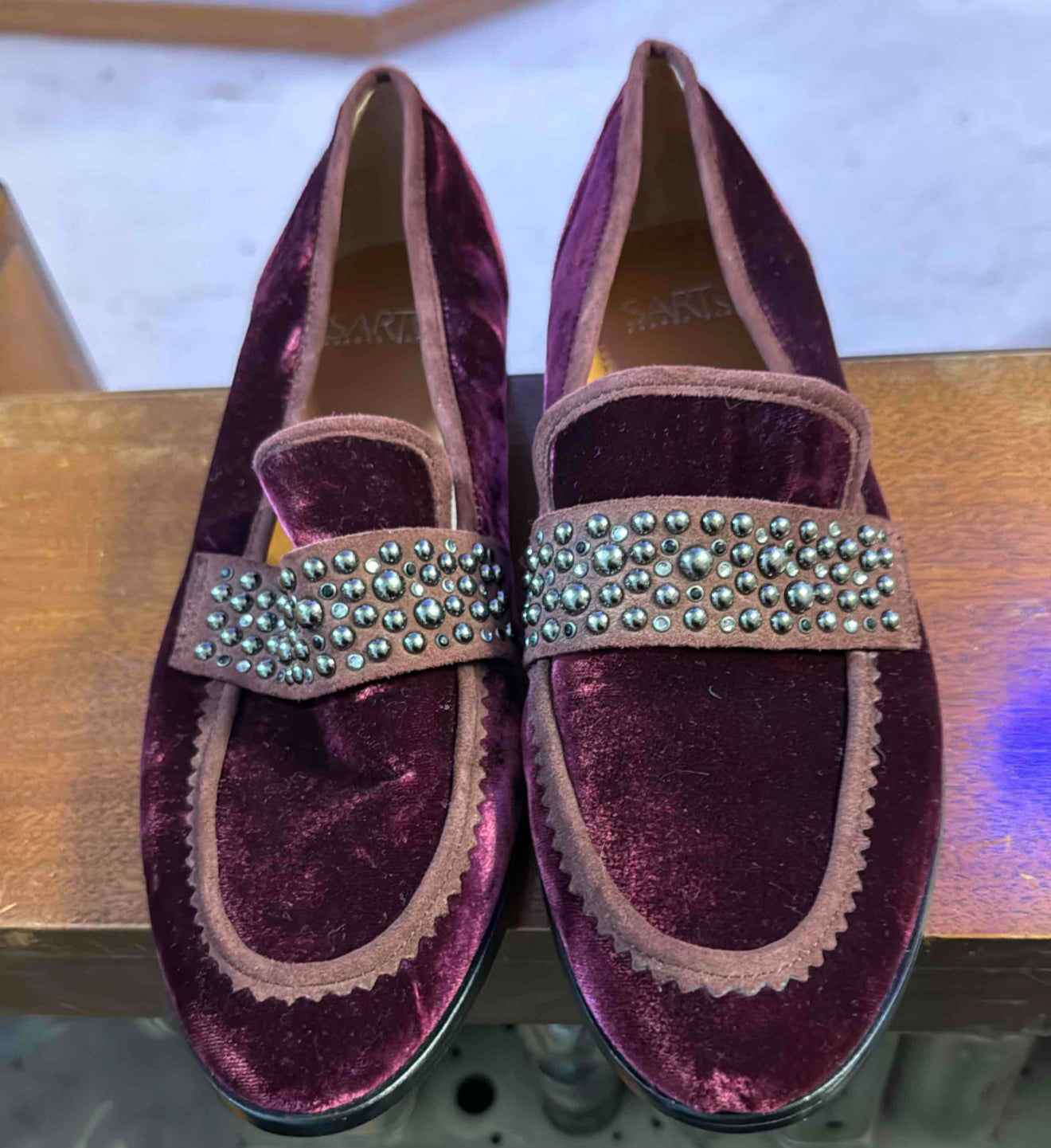 Burgundy Velvet Round Toe Studded Strap Low Heel Women's Loafers
