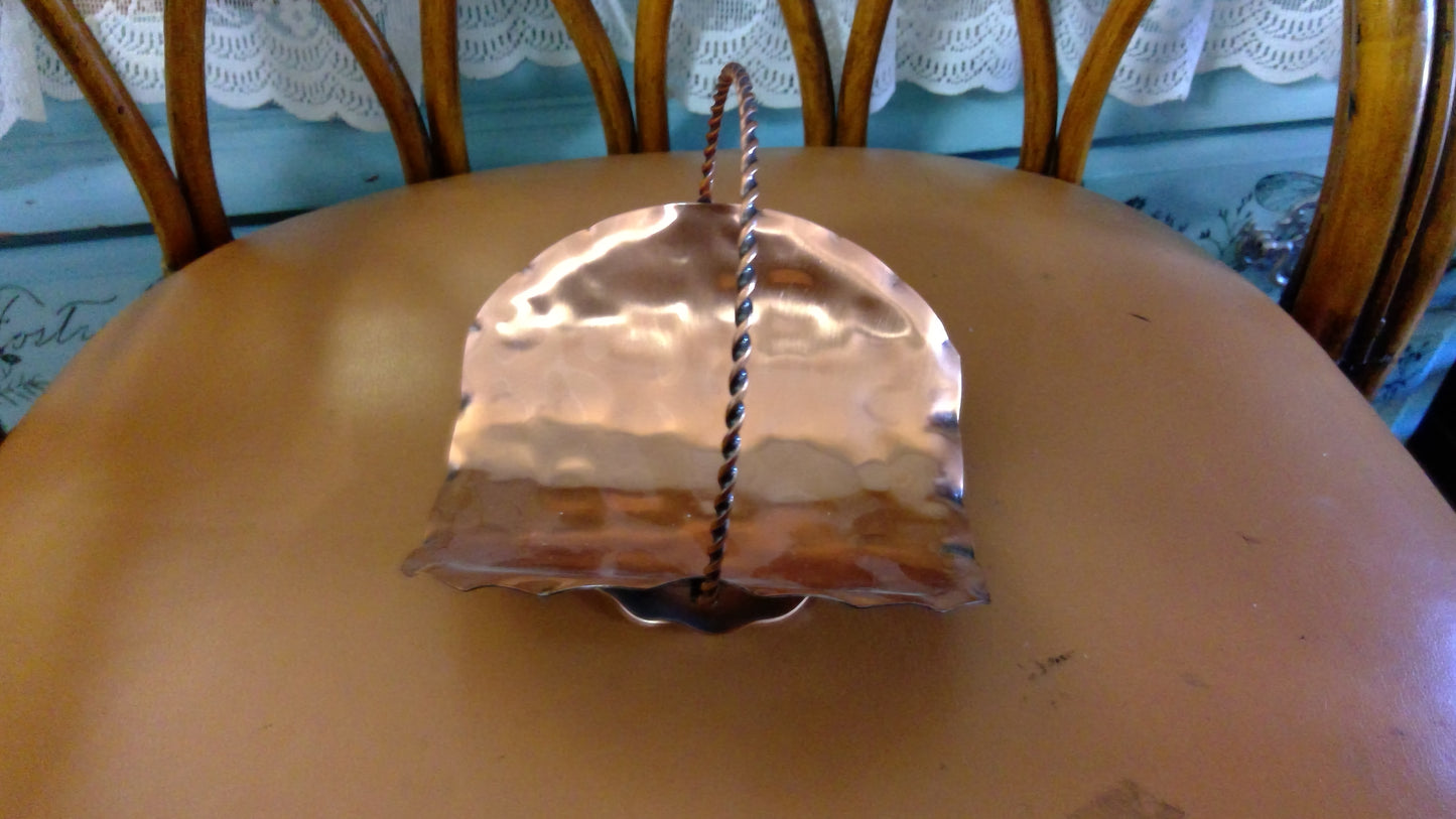 Vintage Hand-Hammered Copper Basket Candle Holder with Twisted Handle
