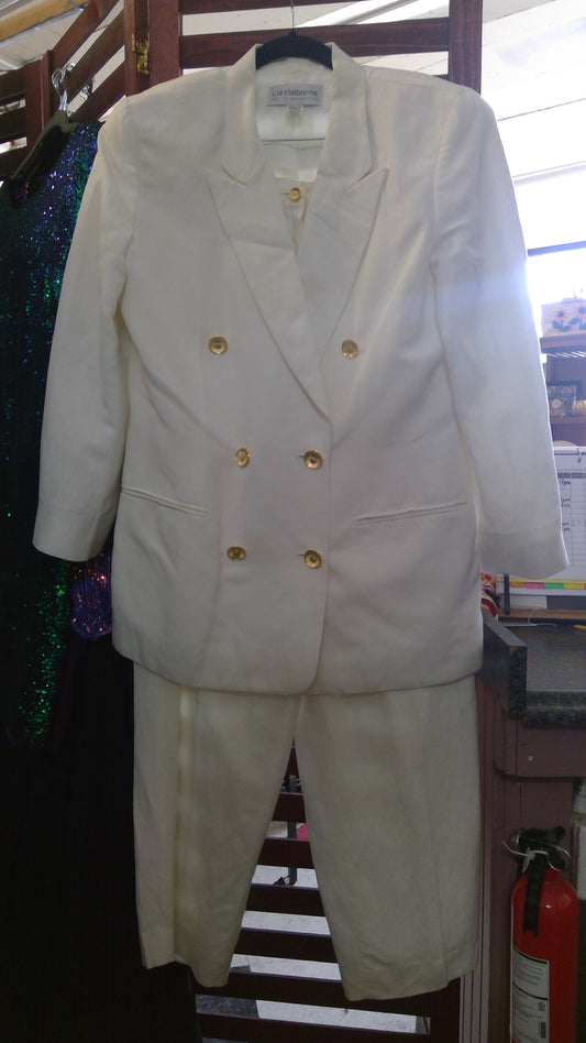 Vintage 80s/90s Liz Claiborne Petite Ivory Double-Breasted Pantsuit | Gold Buttons