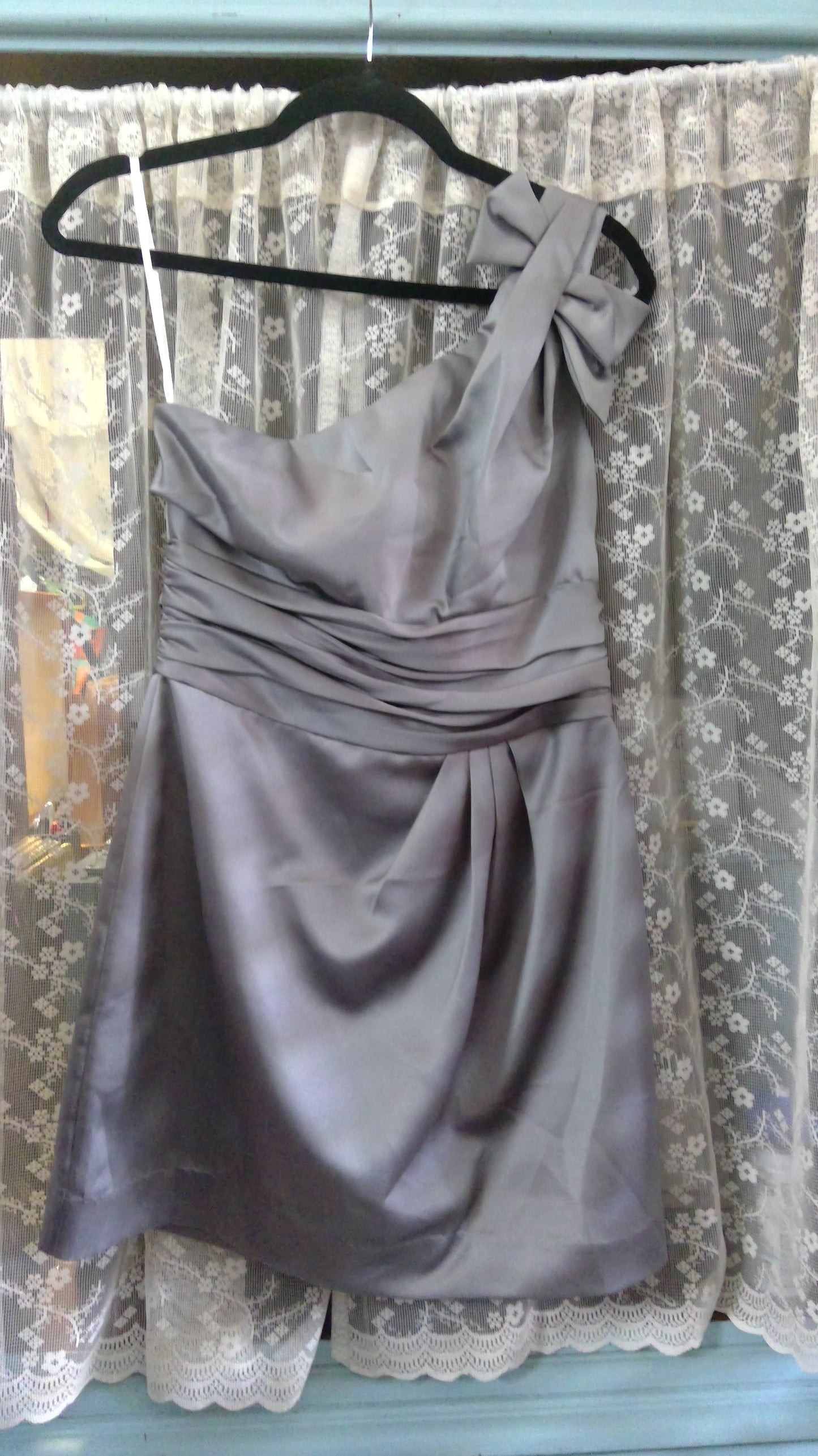 Y2K David's Bridal Silver One-Shoulder Bow Dress | Size 6