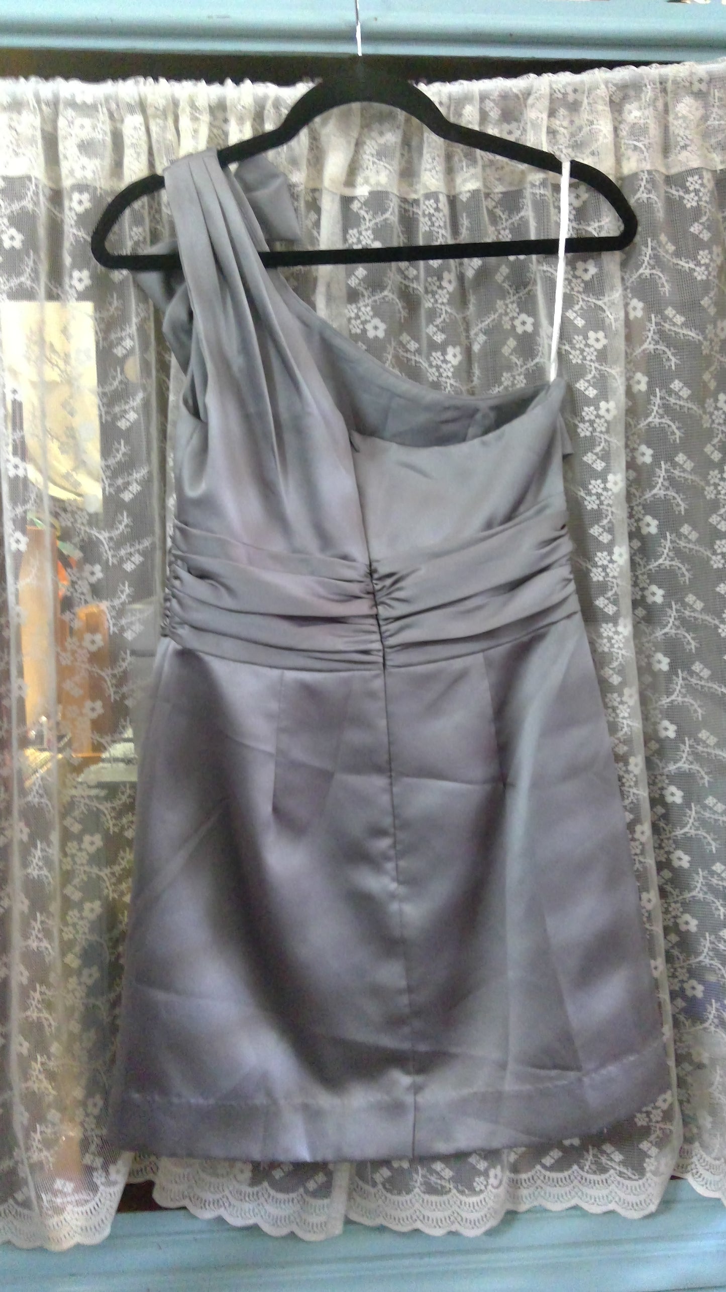 Y2K David's Bridal Silver One-Shoulder Bow Dress | Size 6