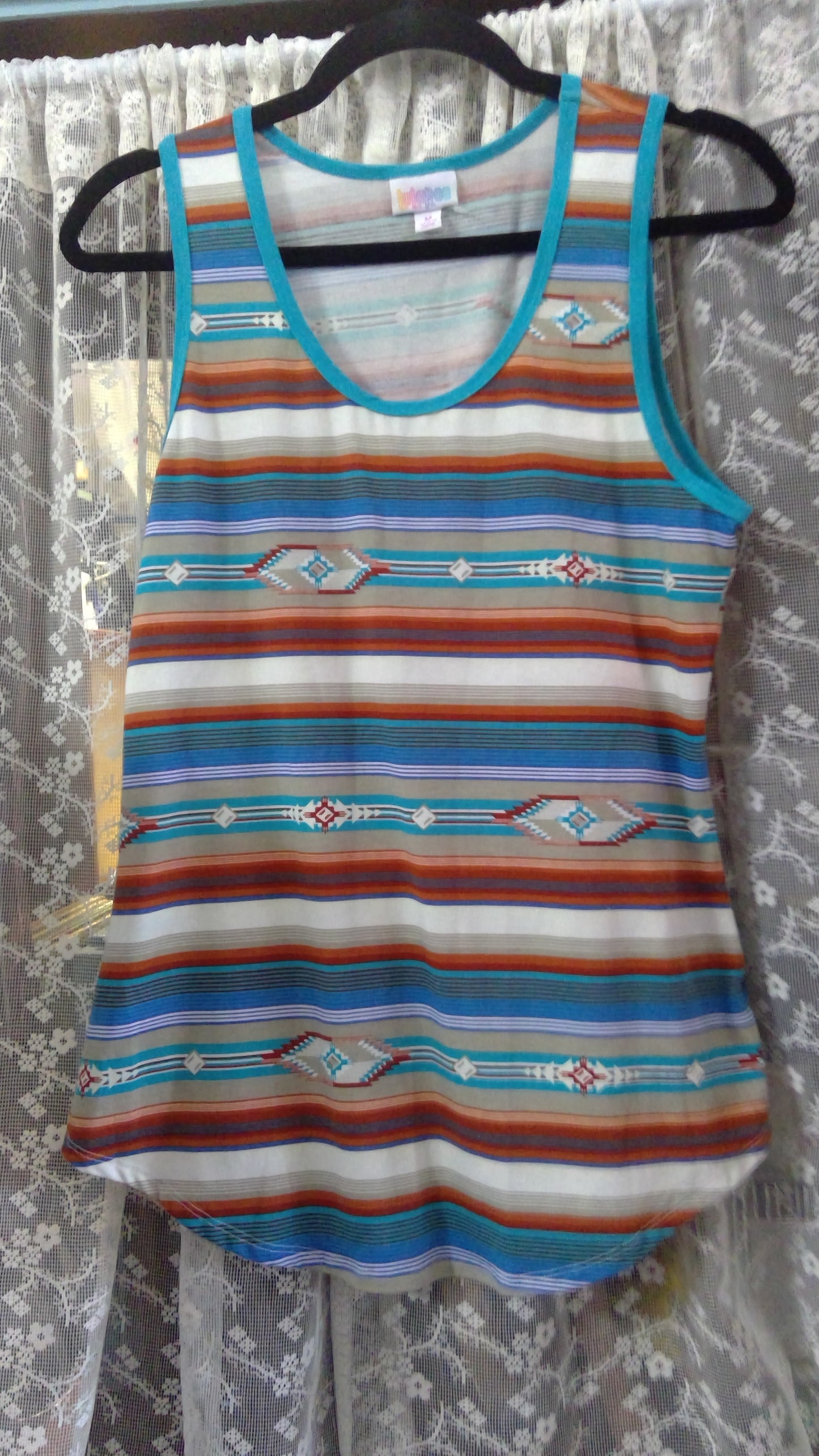 Colorful Geometric Striped Tank Top | LuLaRoe | Blue Orange Teal Gray | Size M