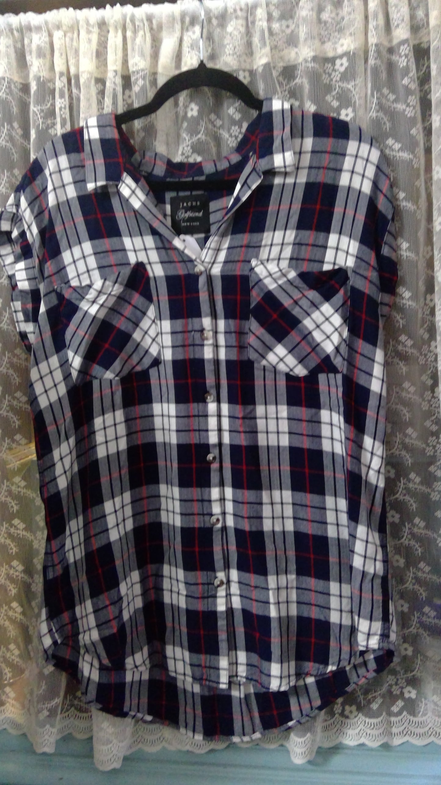 Y2K “Girlfriend” Flannel Button-Up T-Shirt | Jachs | Navy Red White | Size L