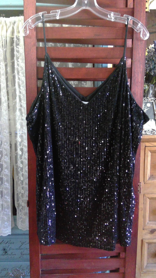Black Sequin Cami Tank Top | Calvin Klein | Sparkly Evening Top | Size L
