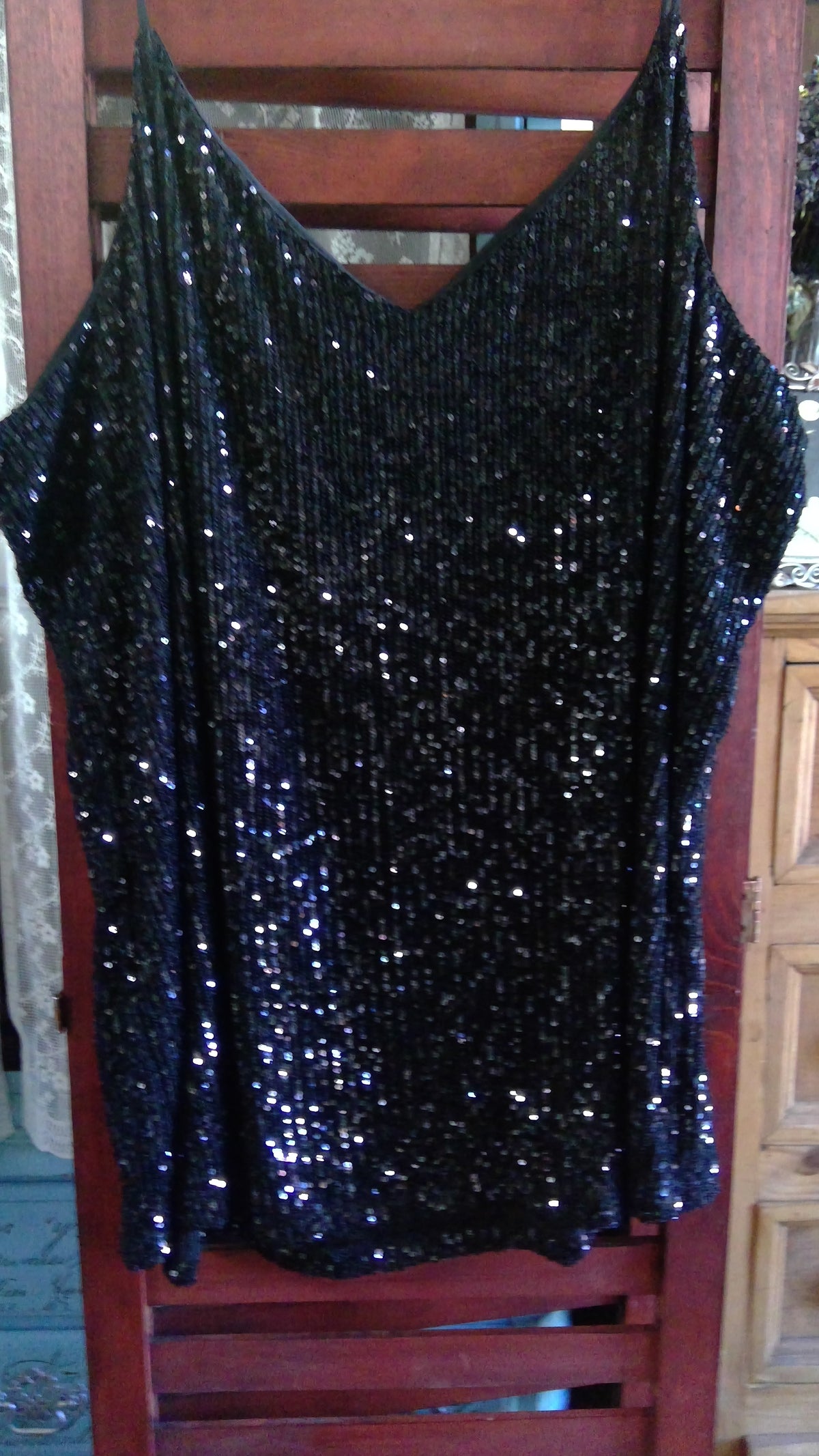 Black Sequin Cami Tank Top | Calvin Klein | Sparkly Evening Top | Size L