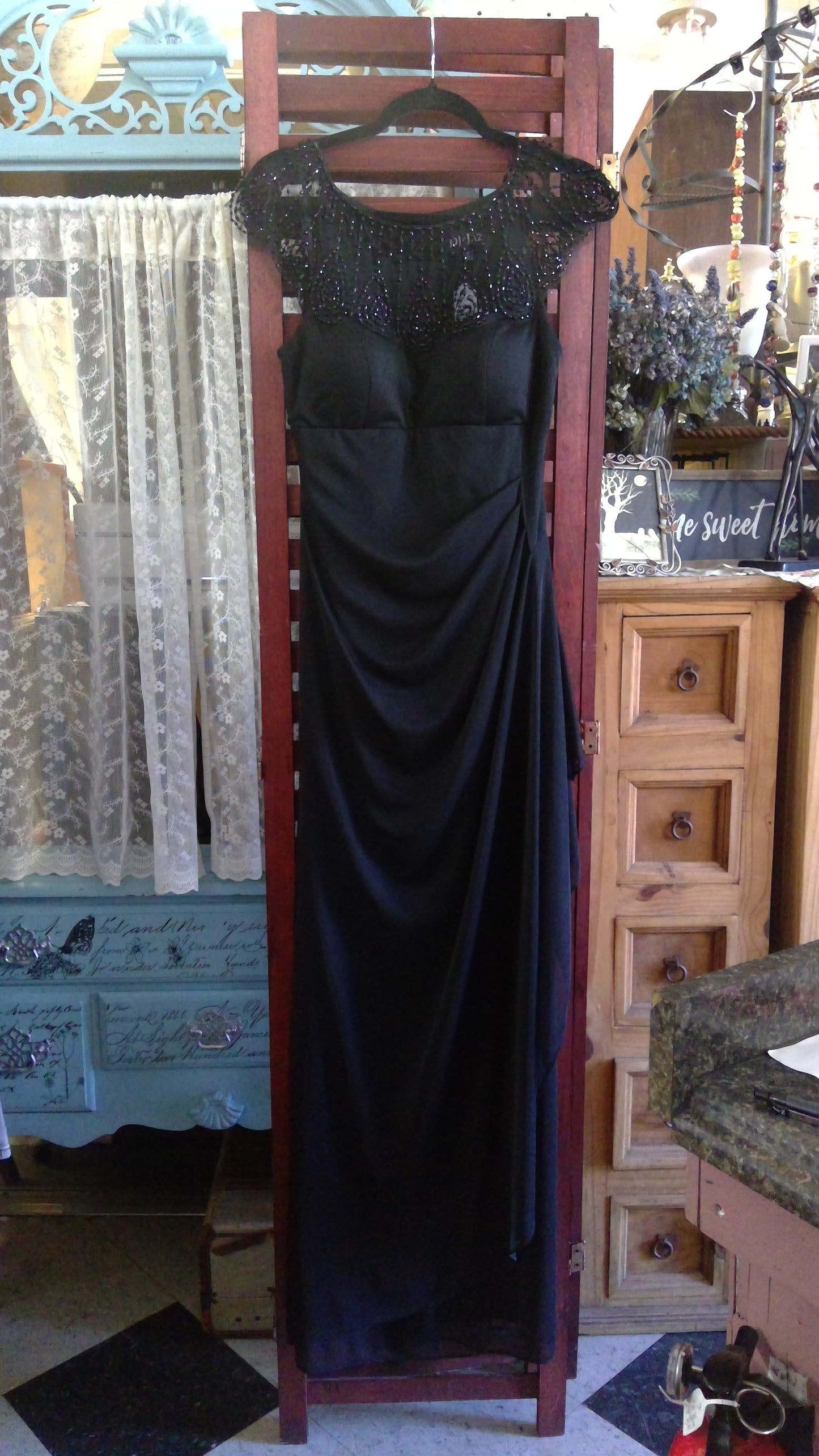 2000s Black Beaded Gown | Sheer Hand-Beaded Bodice | Cinched Waist | DJ-Jaz