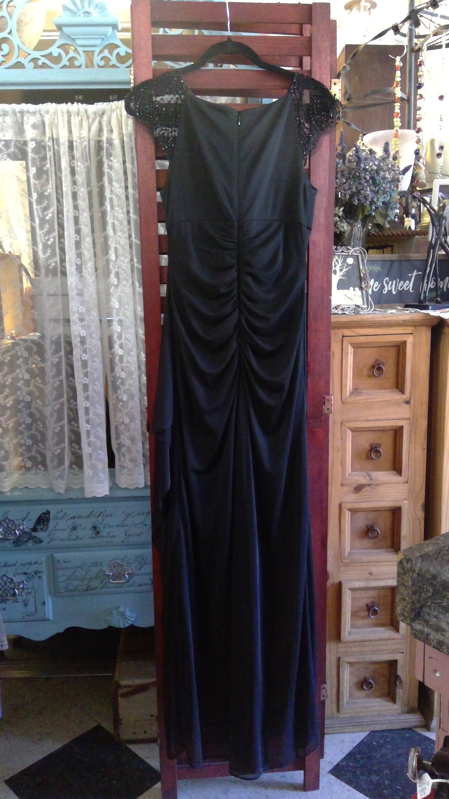 2000s Black Beaded Gown | Sheer Hand-Beaded Bodice | Cinched Waist | DJ-Jaz