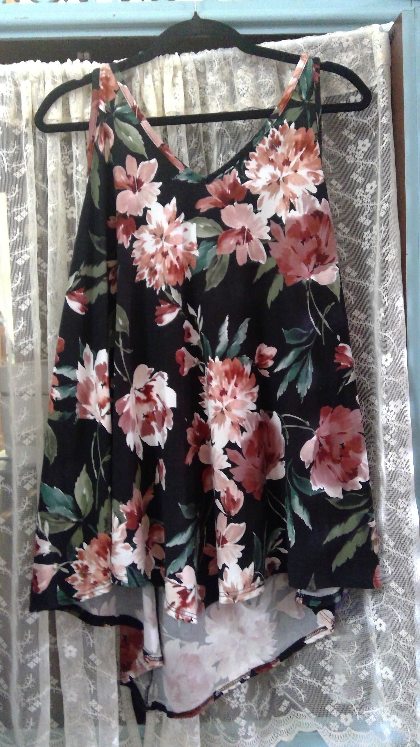 Black Floral Tank Top | First Love | Pink Floral Print | Early 2010s | Size Large