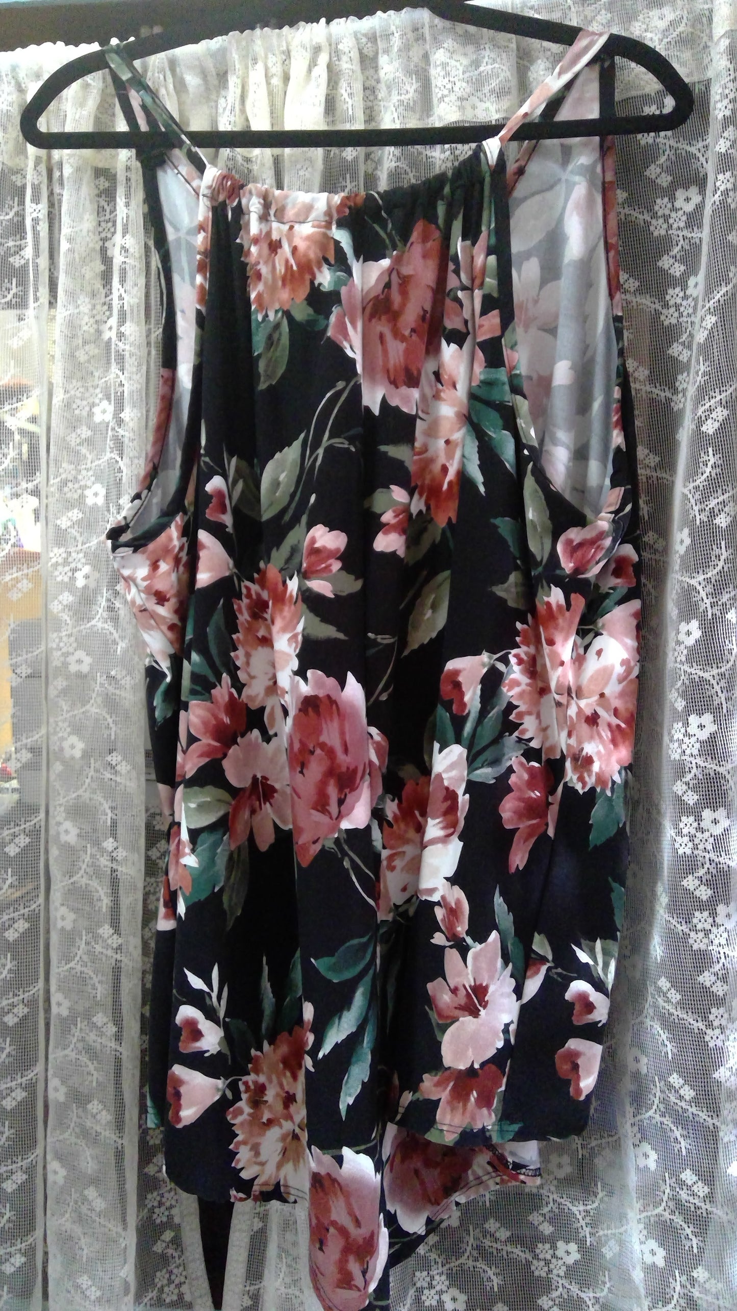 Black Floral Tank Top | First Love | Pink Floral Print | Early 2010s | Size Large