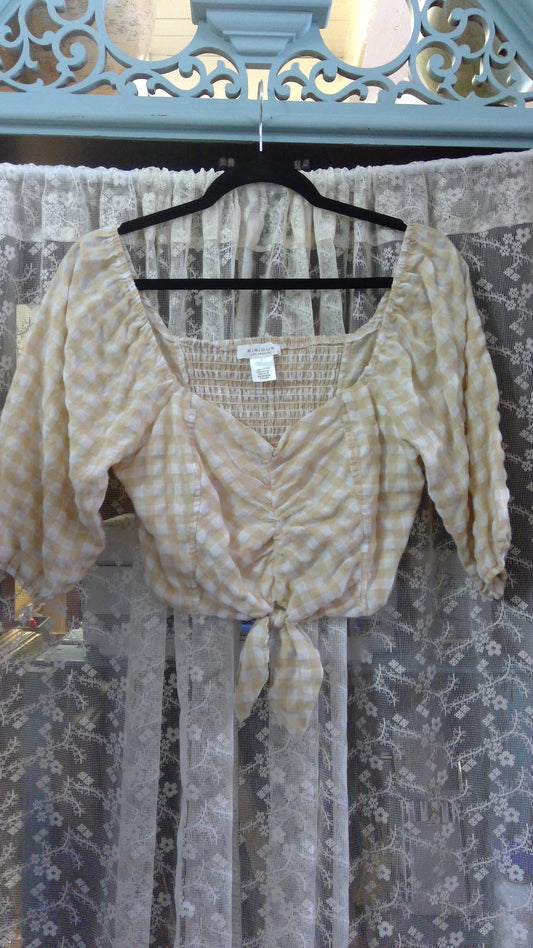 Cottagecore Yellow & White Flannel Crop Top | Cinched Back | Kirious | Size L