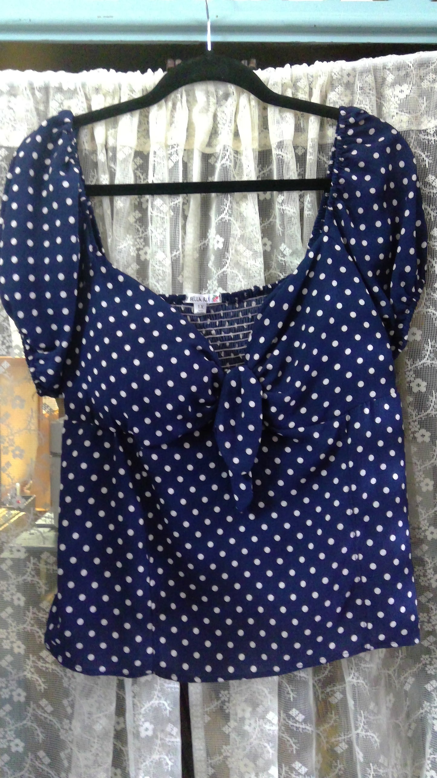 Y2K Blue & White Polka Dot Pin-Up Top | Bow Bust & Cinched Back | My Bella Rue | 1X