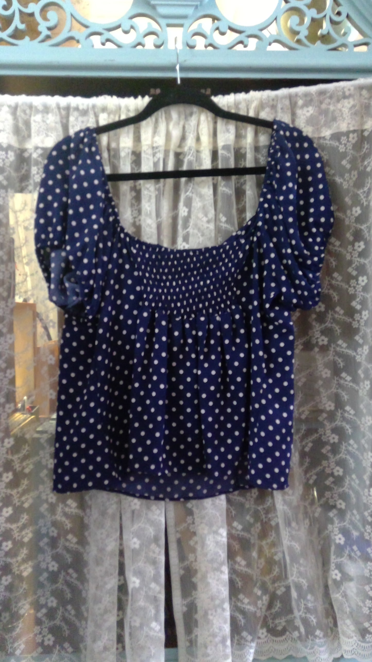 Y2K Blue & White Polka Dot Pin-Up Top | Bow Bust & Cinched Back | My Bella Rue | 1X