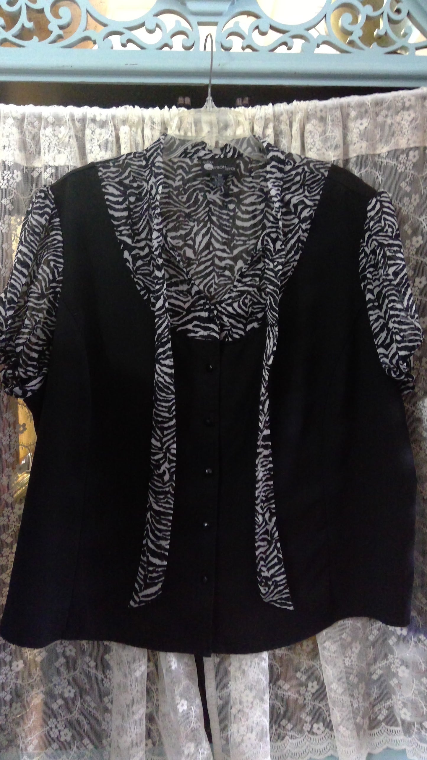 Black Sheer Zebra Print Blouse | Tie Collar & Cinched Back | First Option Too! | Size 3X