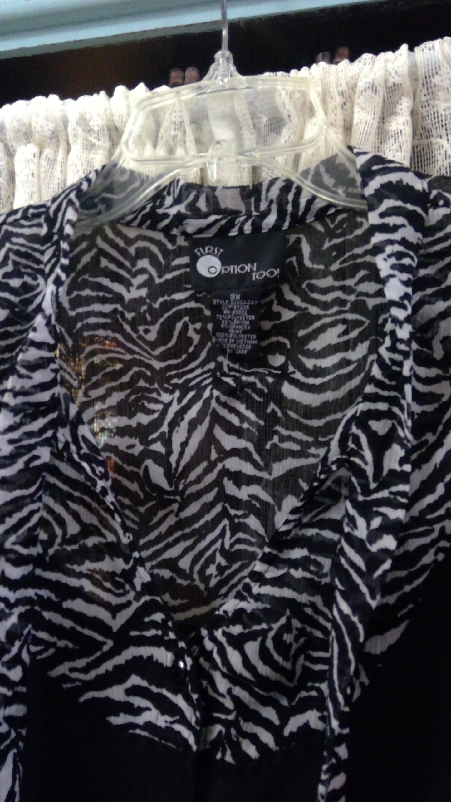 Black Sheer Zebra Print Blouse | Tie Collar & Cinched Back | First Option Too! | Size 3X