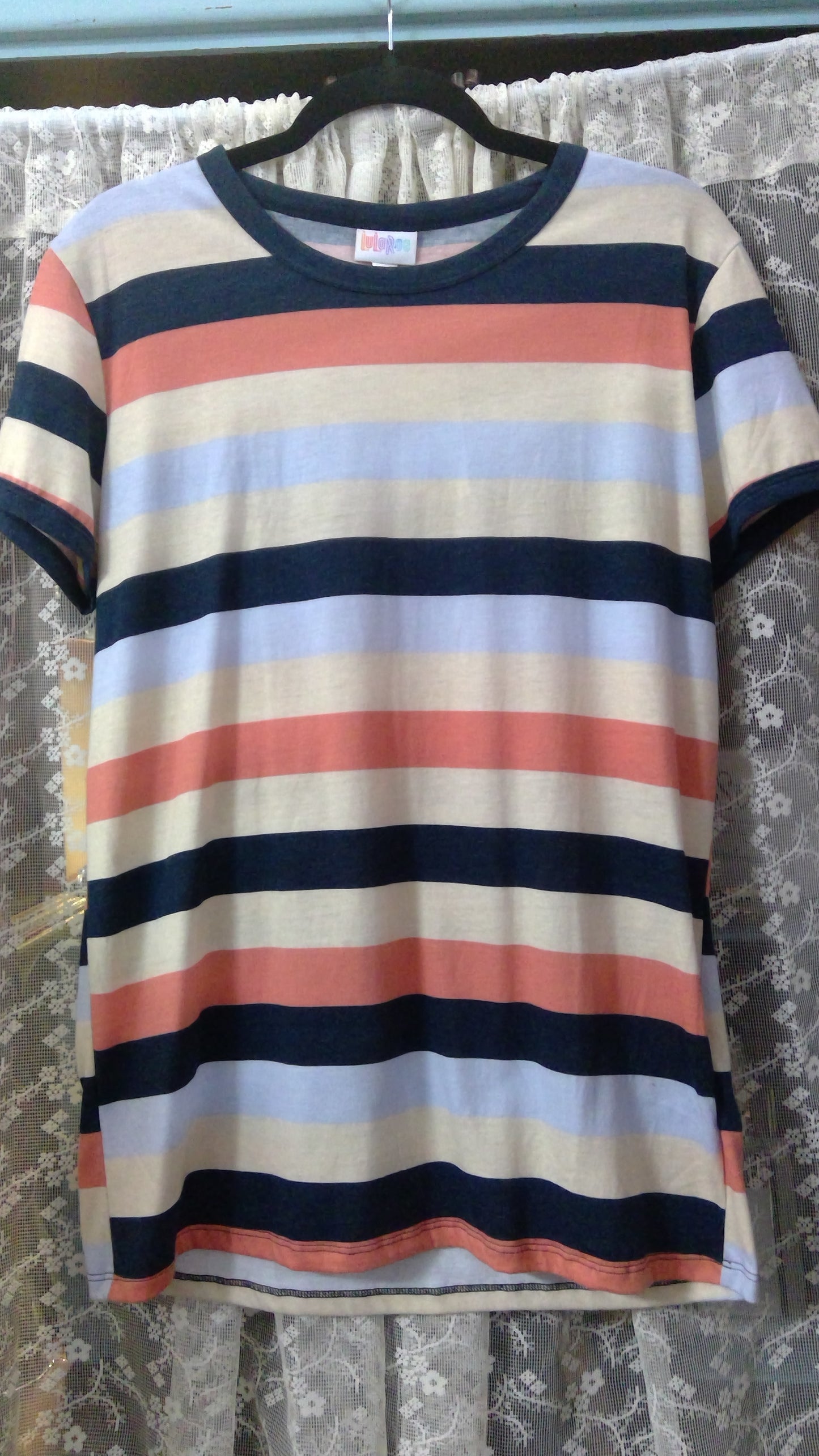 Navy Blue & Multicolor Striped T-Shirt | LuLaRoe | Orange & Yellow | Size M