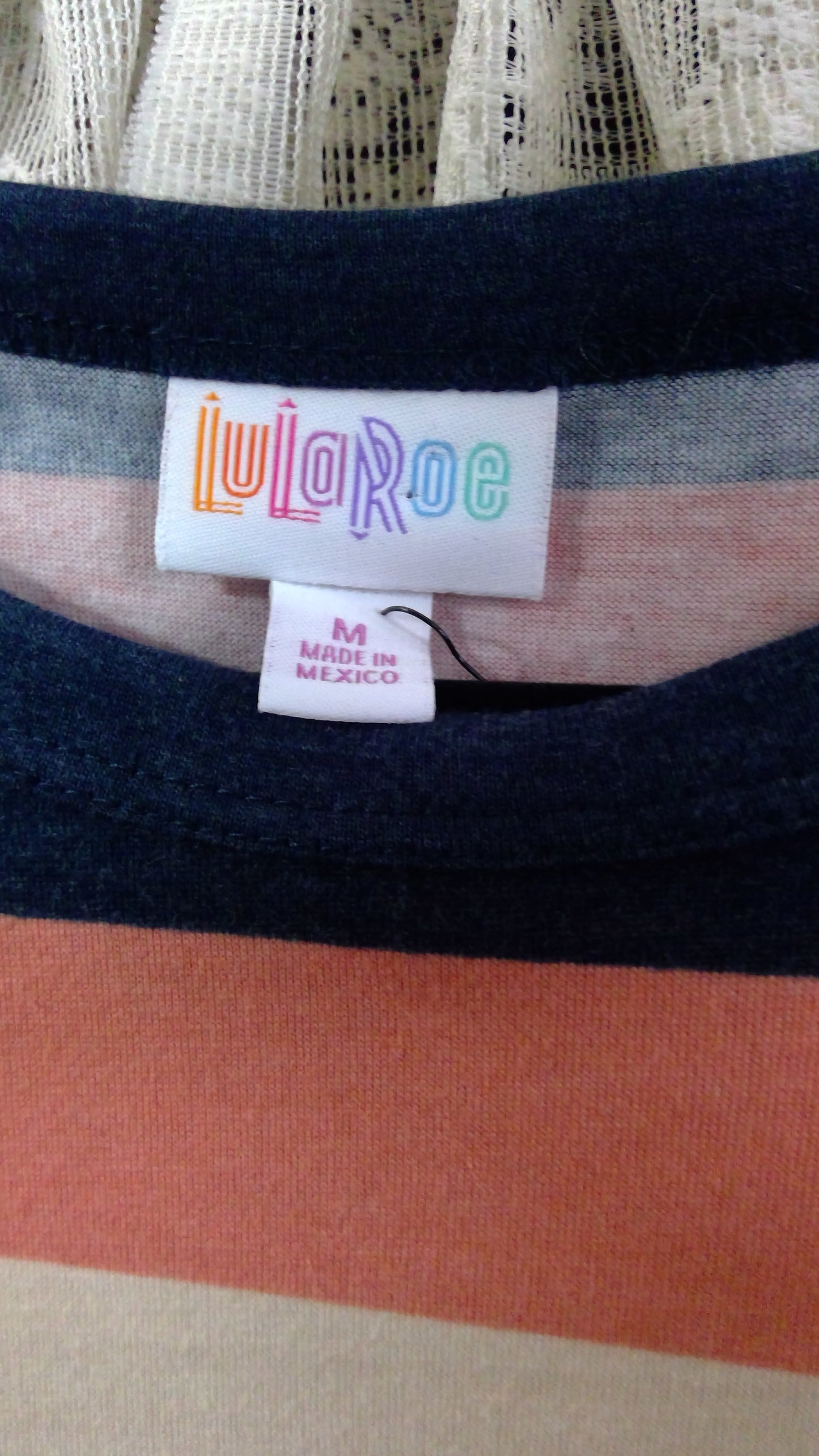 Navy Blue & Multicolor Striped T-Shirt | LuLaRoe | Orange & Yellow | Size M
