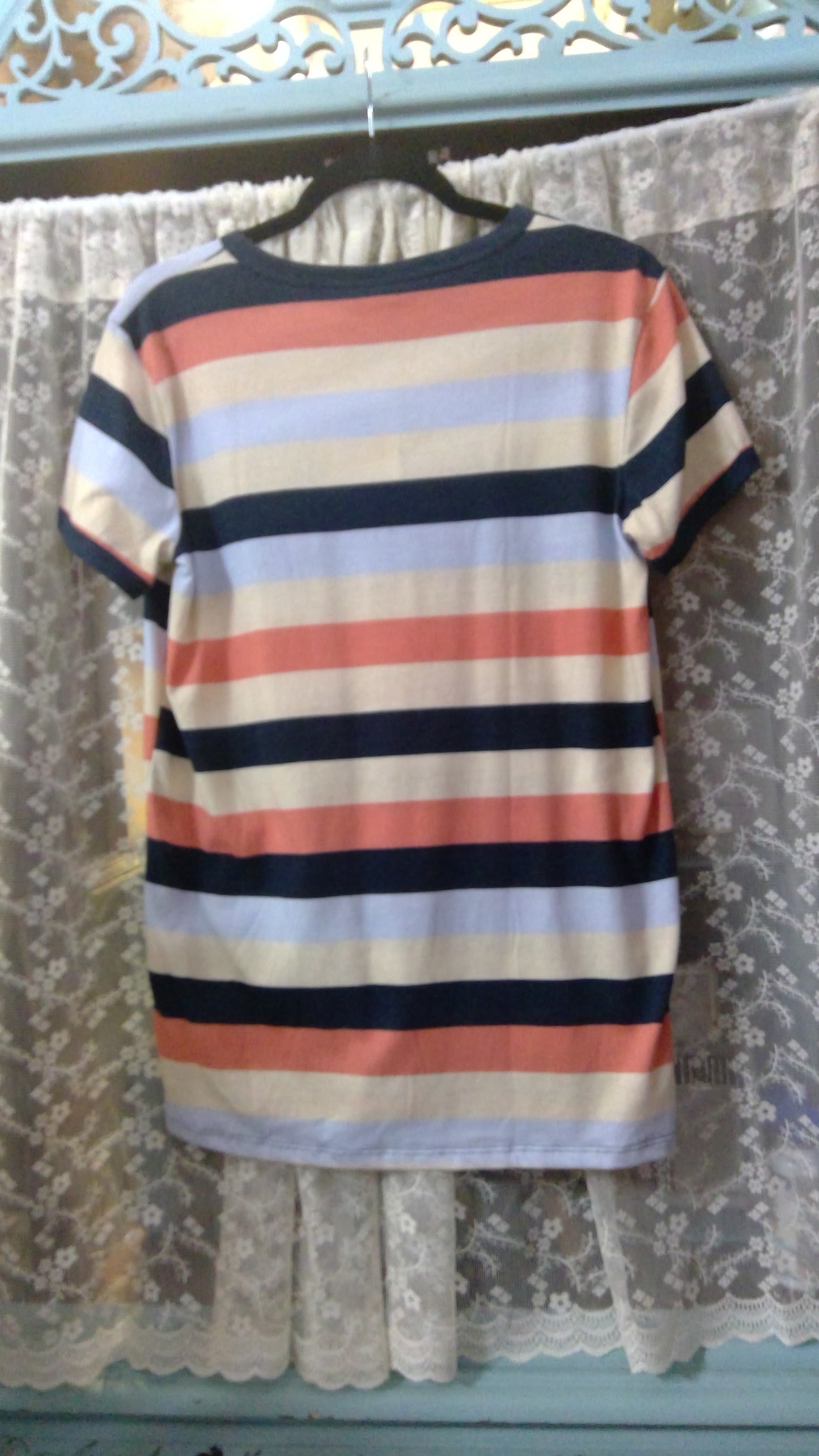 Navy Blue & Multicolor Striped T-Shirt | LuLaRoe | Orange & Yellow | Size M
