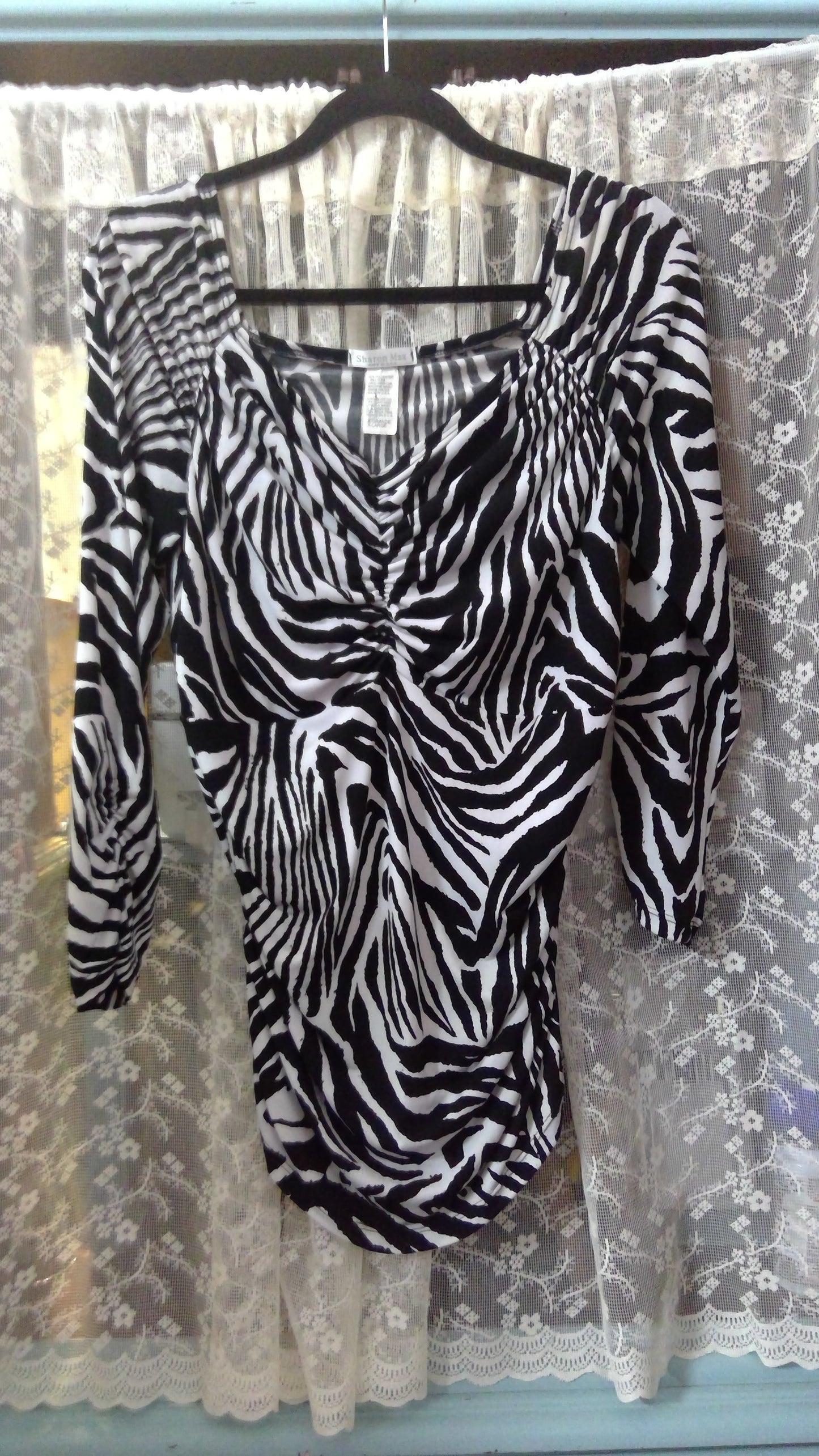 Zebra Print Cinched-Waist Blouse | Low Neckline | Sharon Max | Size XL