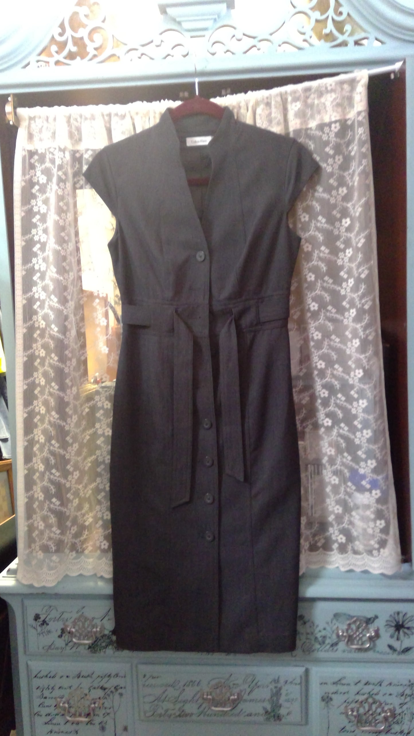Gray Calvin Klein Midi Pencil Dress | Tie Belt & Button Front | Business Casual