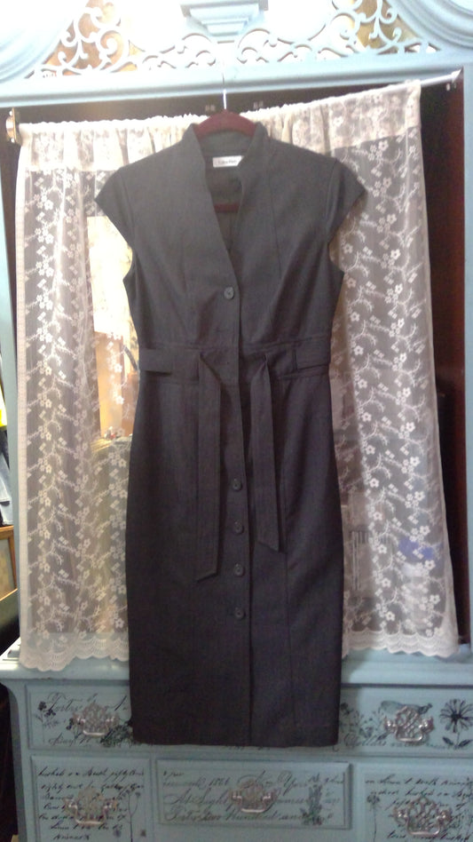 Gray Calvin Klein Midi Pencil Dress | Tie Belt & Button Front | Business Casual