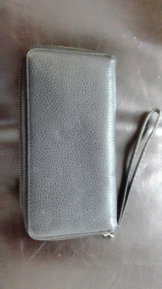 Black Leather-Style Wristlet Wallet with Brown Interior