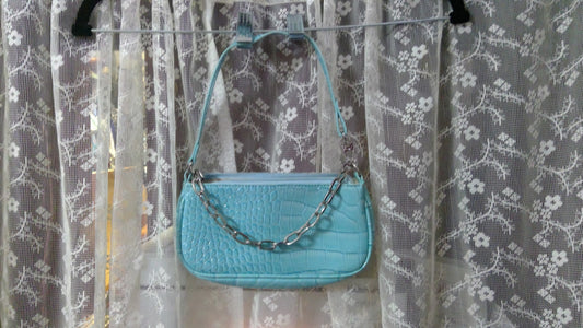Light Blue Scaled-Texture Chain Accent Handbag