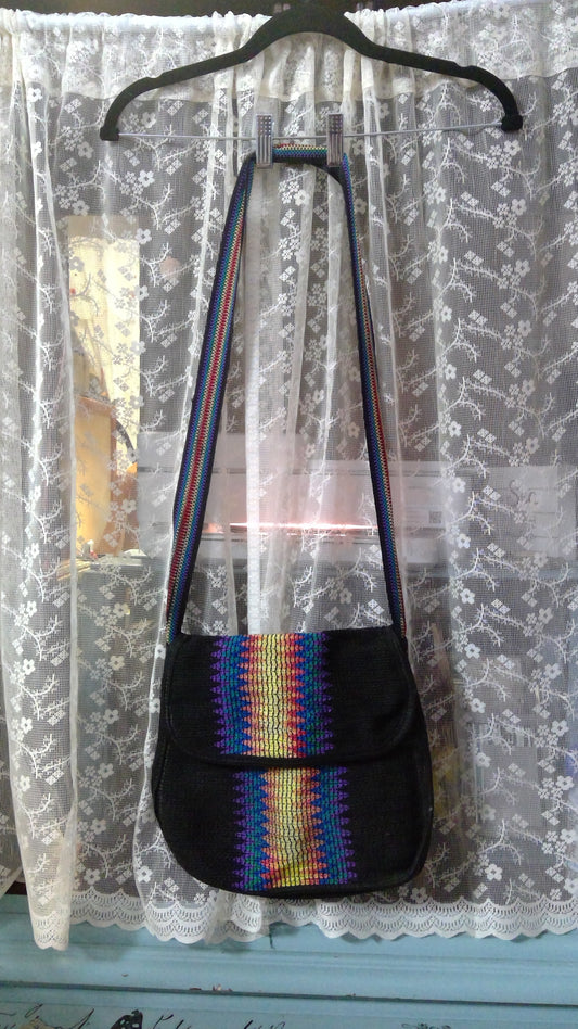 Black & Rainbow Knit Crossbody Bag | Zipper Pockets | 2010s