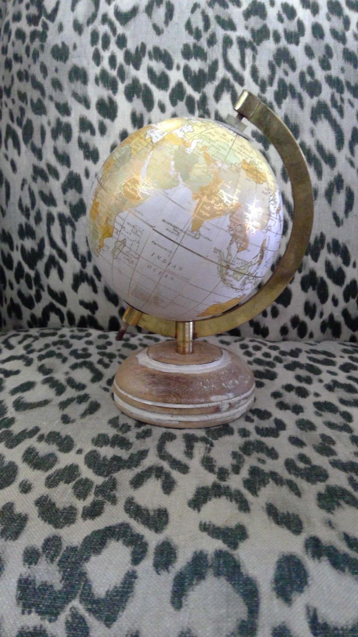 Vintage Small Wooden World Globe with Gold Meridian Ring