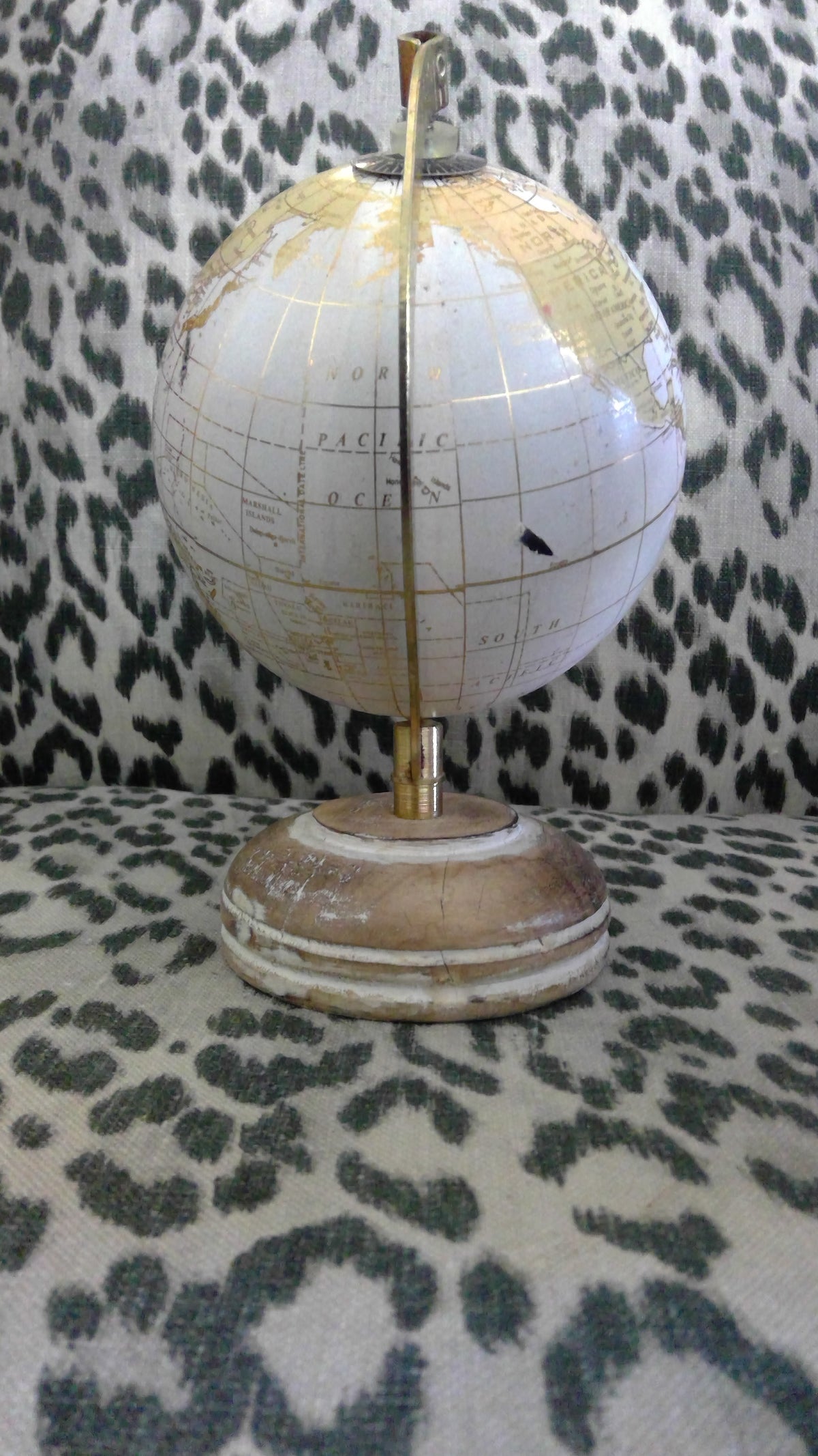 Vintage Small Wooden World Globe with Gold Meridian Ring