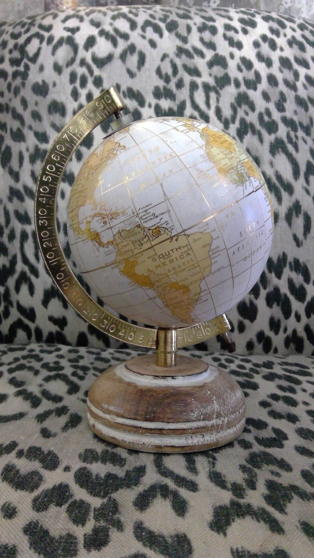 Vintage Small Wooden World Globe with Gold Meridian Ring