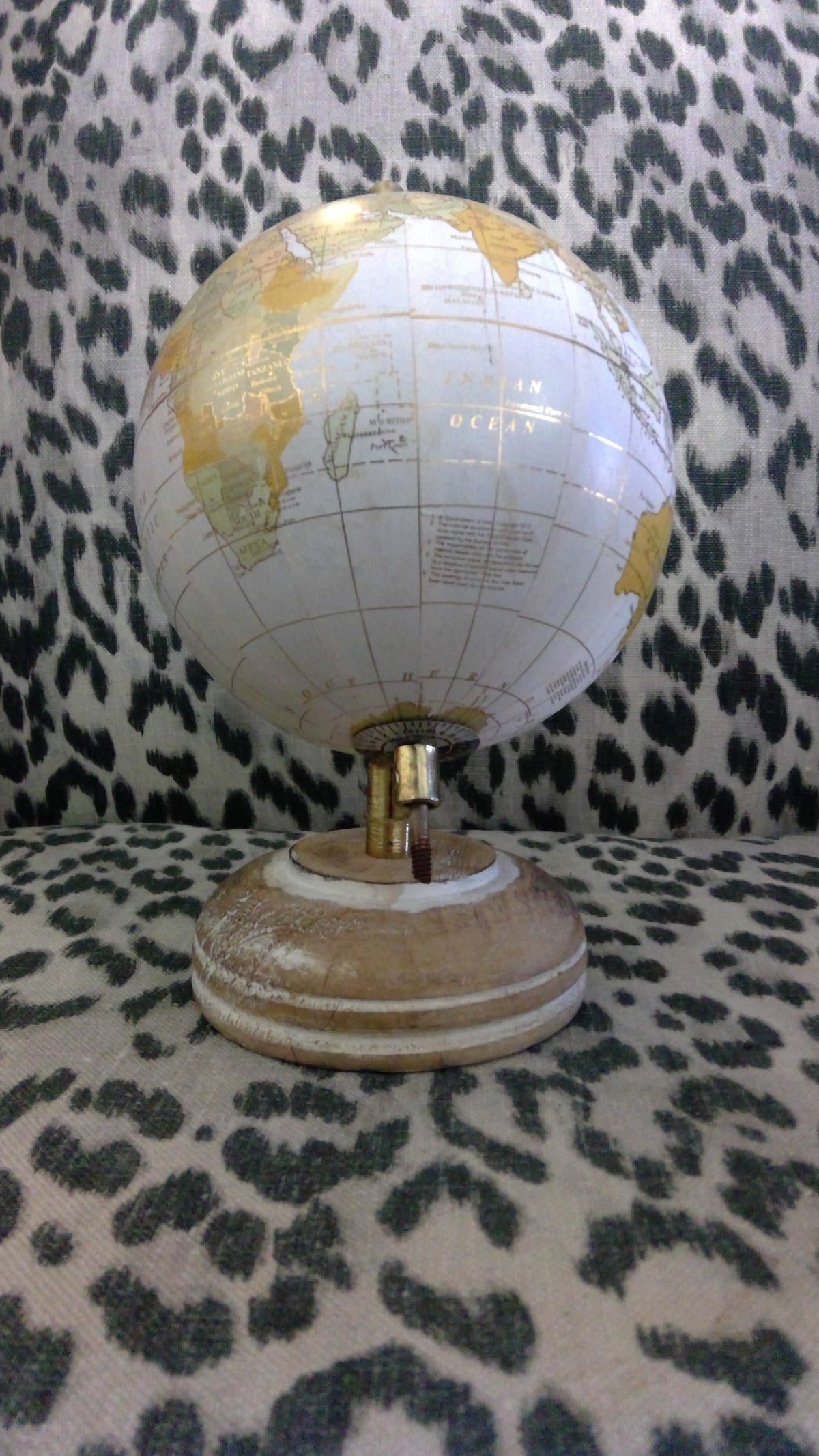 Vintage Small Wooden World Globe with Gold Meridian Ring