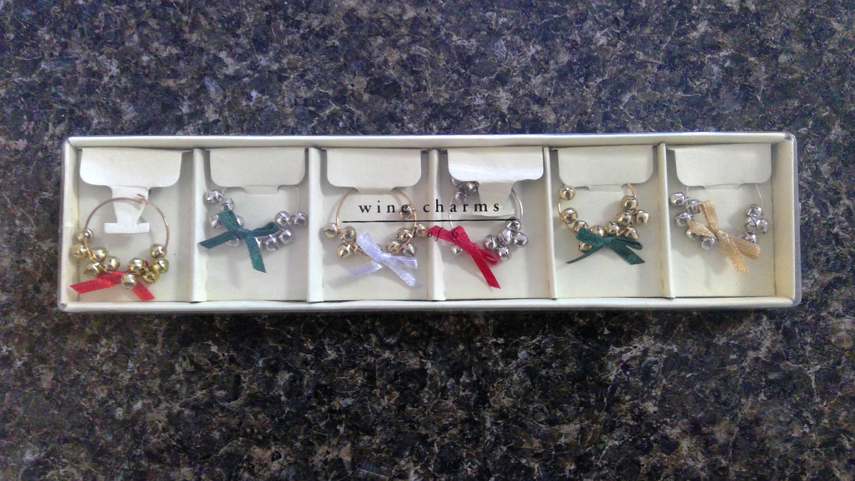 Vintage 1990s Pier 1 Christmas Jingle Bell Wine Charms – Set of 6