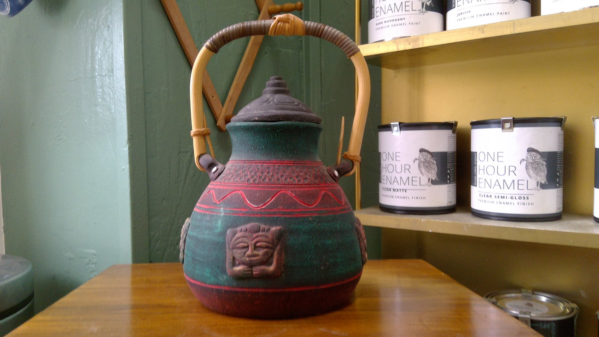Vintage 1990s Hand-Painted Green & Red Tribal-Style Terracotta Pot