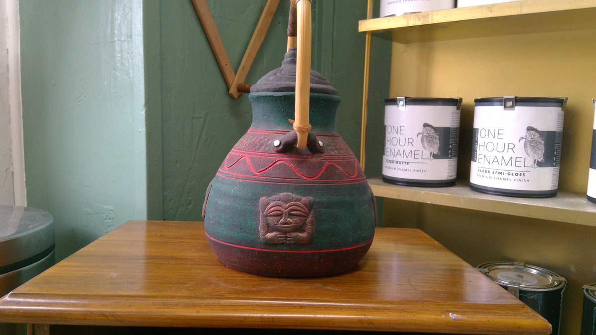 Vintage 1990s Hand-Painted Green & Red Tribal-Style Terracotta Pot