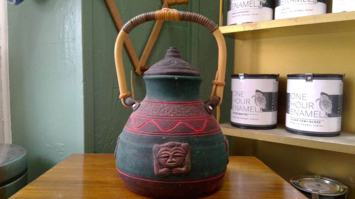 Vintage 1990s Hand-Painted Green & Red Tribal-Style Terracotta Pot