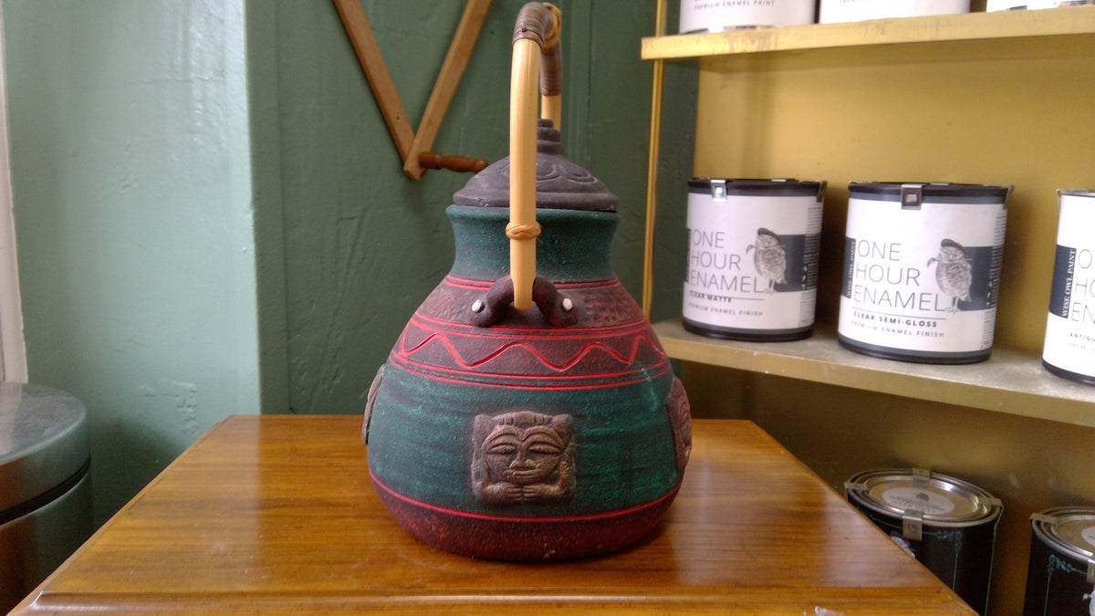 Vintage 1990s Hand-Painted Green & Red Tribal-Style Terracotta Pot