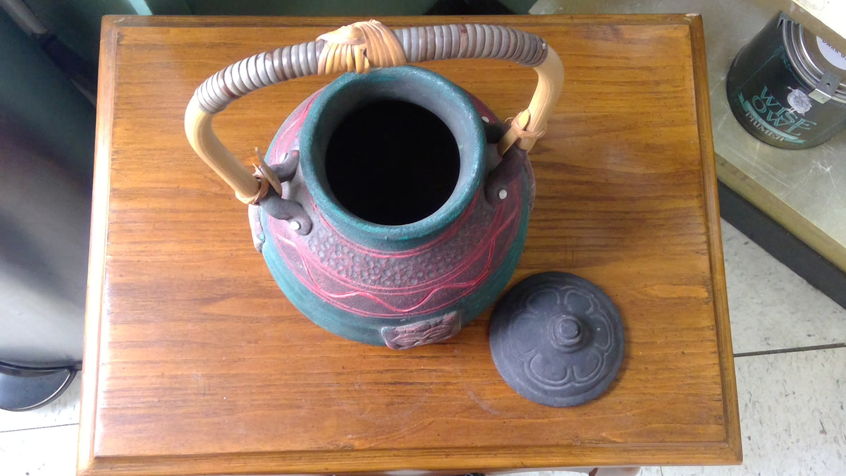 Vintage 1990s Hand-Painted Green & Red Tribal-Style Terracotta Pot