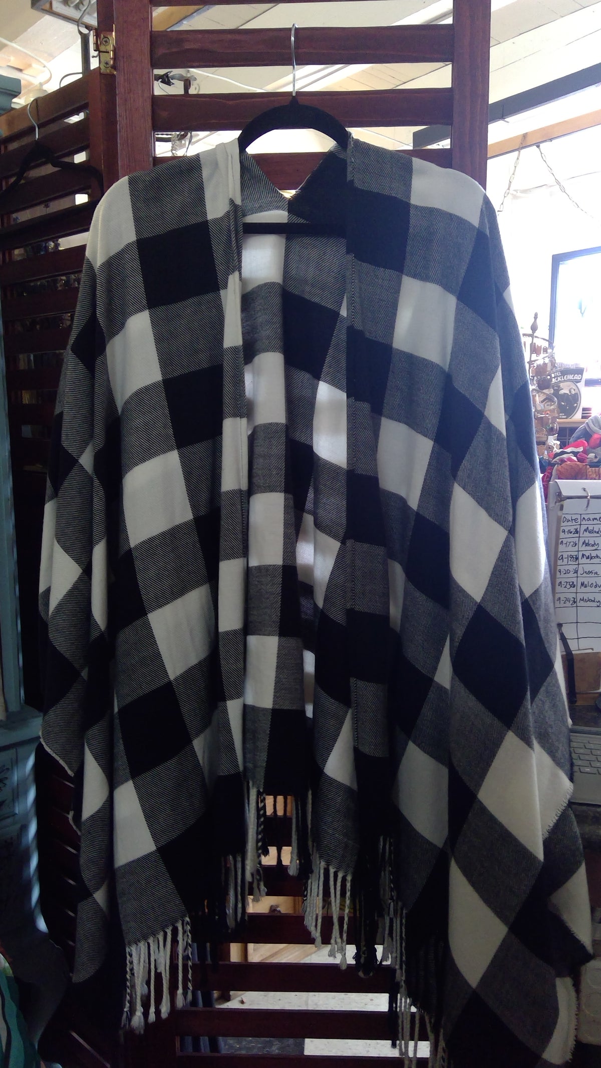 Black & White Plaid Fringe Open-Front Poncho – 2010s