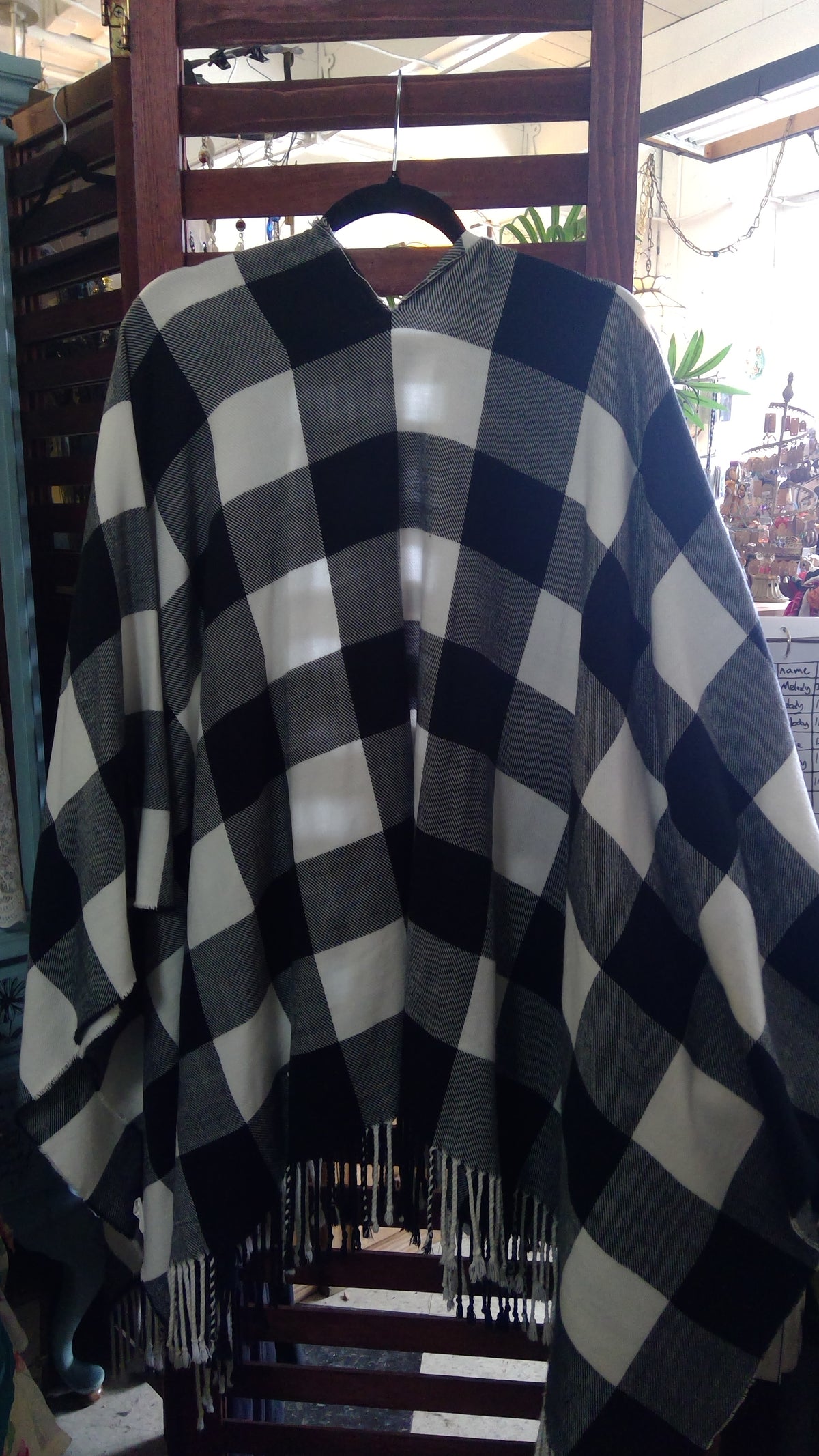 Black & White Plaid Fringe Open-Front Poncho – 2010s