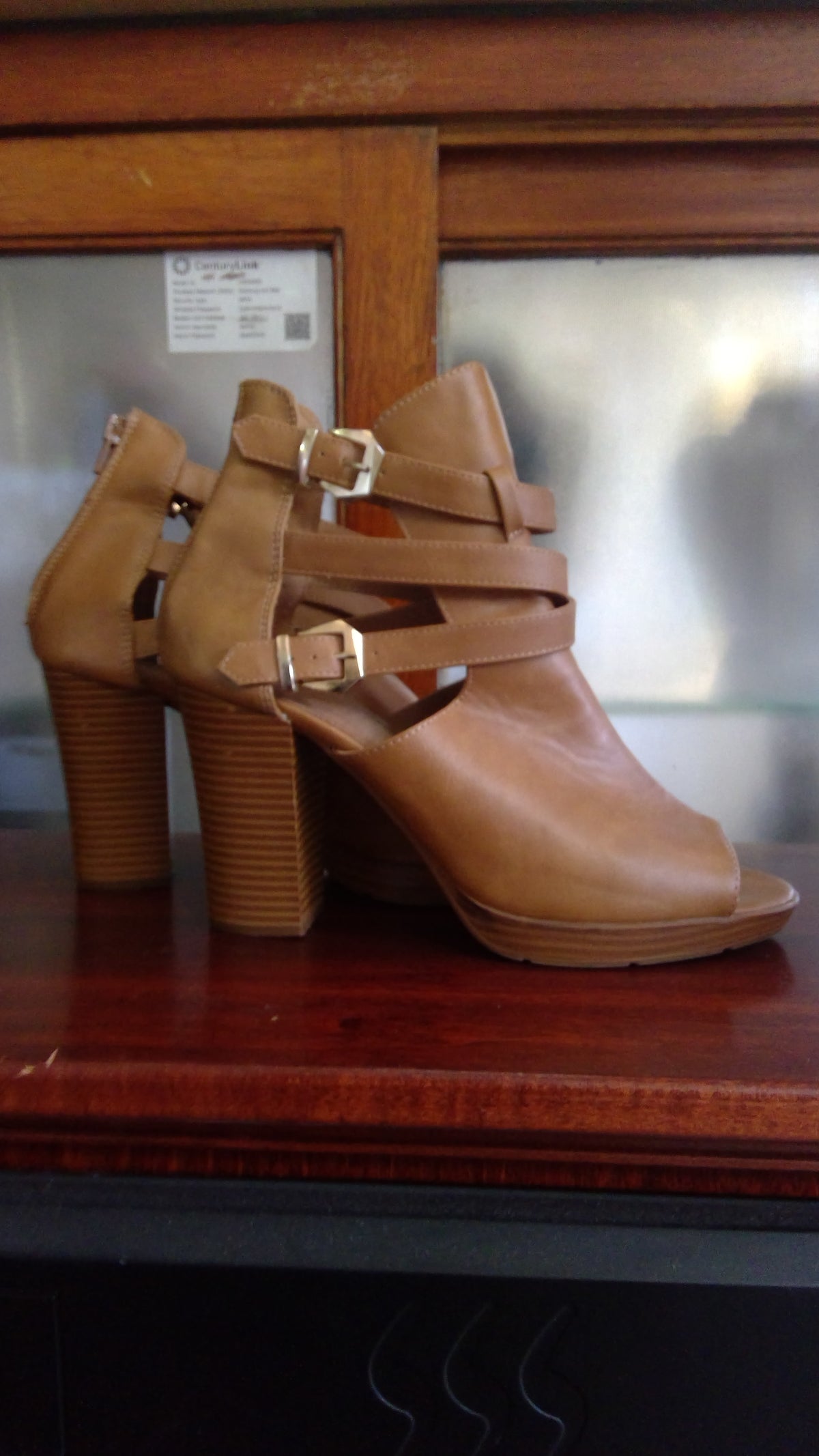 Charlotte Russe Brown Open-Toe Booties – Size 10, Criss-Cross Buckle Straps