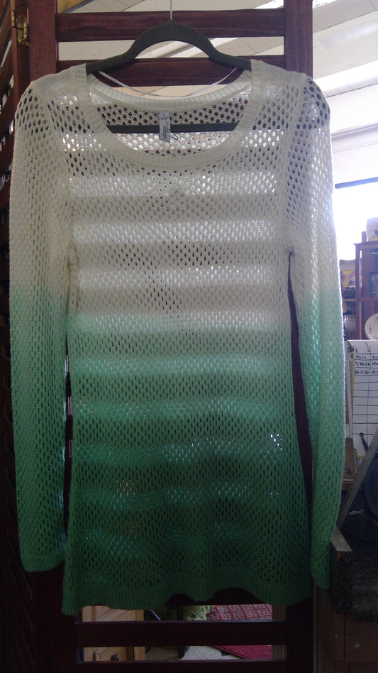 Indigo Ombre Open-Knit Mesh Sweater – White to Mint Green, Size Small