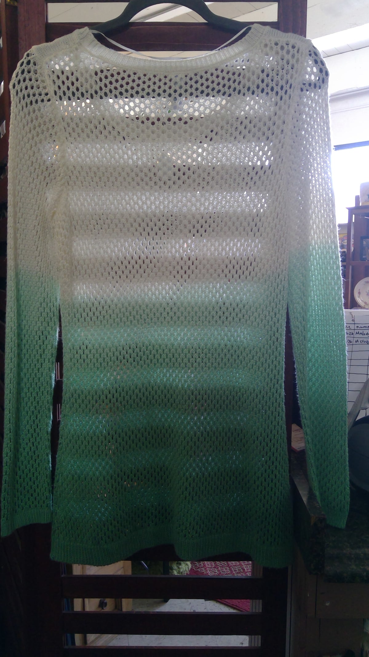 Indigo Ombre Open-Knit Mesh Sweater – White to Mint Green, Size Small