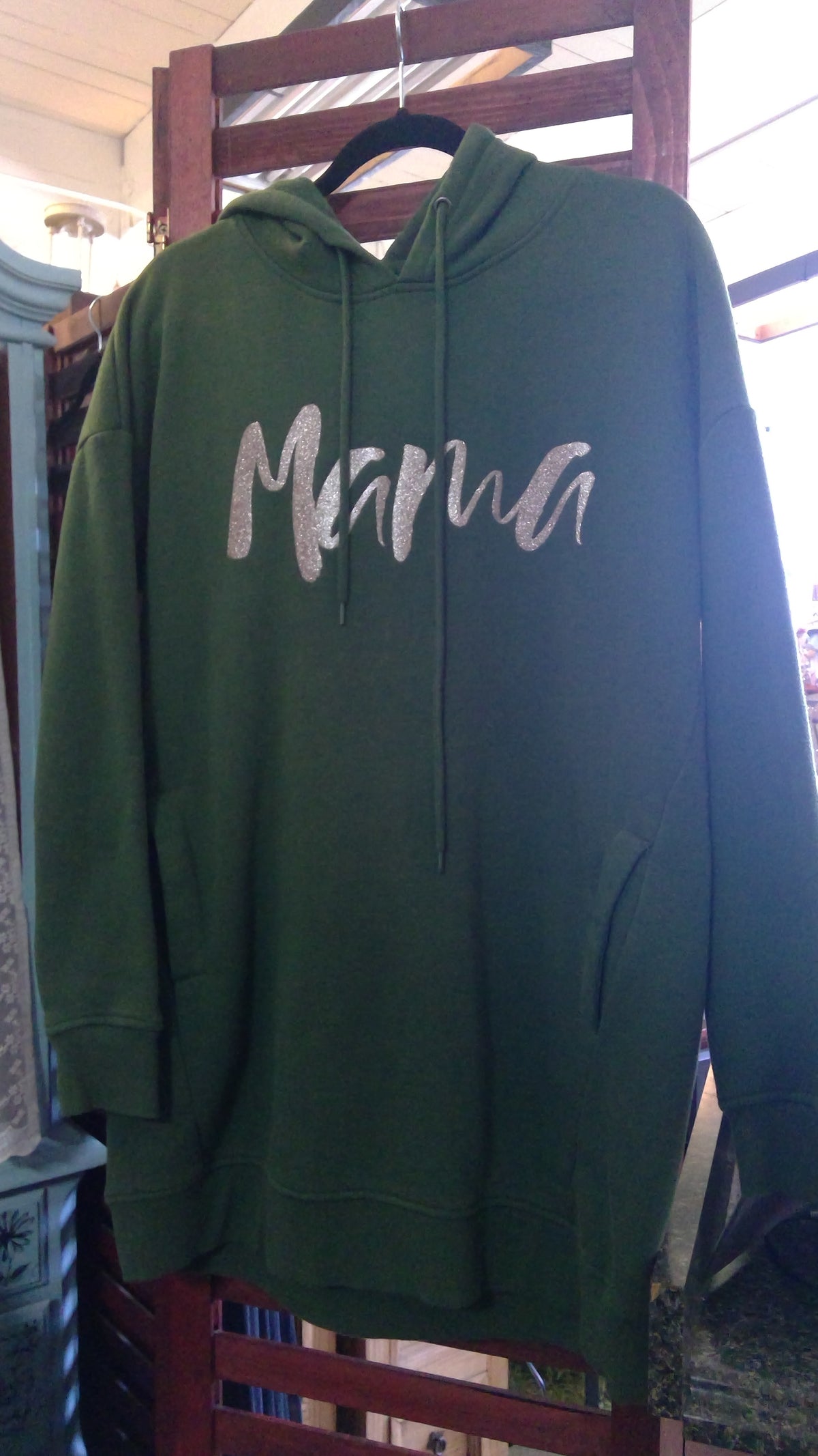 Zenana Outfitters “Mama” Olive Green Hoodie – Rose Gold Glitter, Size Small
