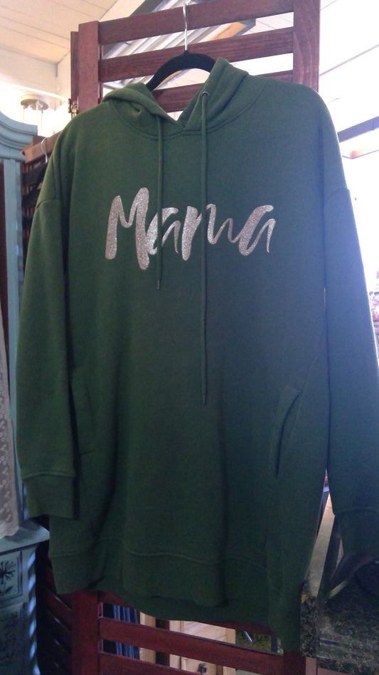 Zenana Outfitters “Mama” Olive Green Hoodie – Rose Gold Glitter, Size Small