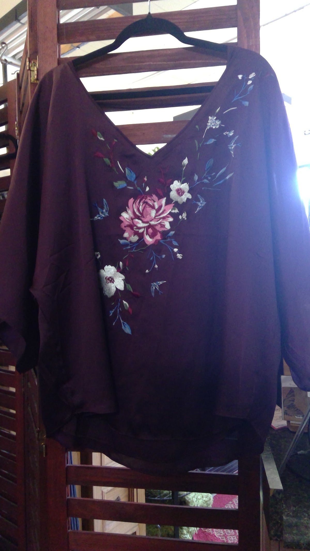 White House Black Market Maroon Satin Embroidered Blouse – Size XL