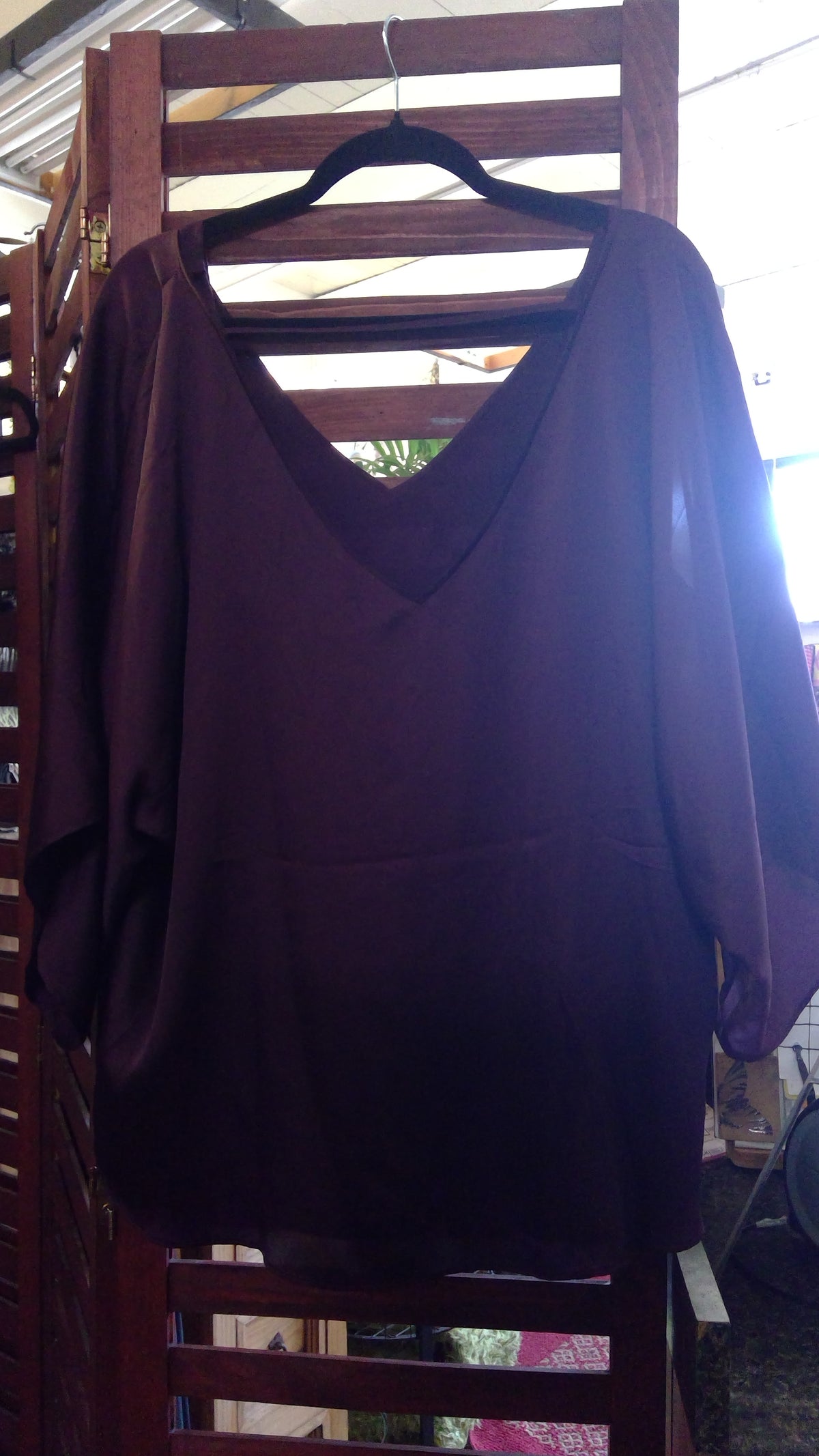 White House Black Market Maroon Satin Embroidered Blouse – Size XL